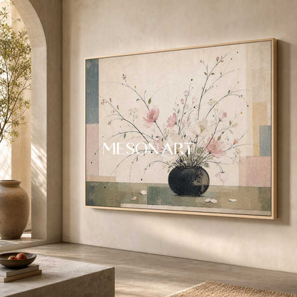 Elegant Pink Floral Still Life Painting With Geometric Background For Dining Room Wall Art Decor