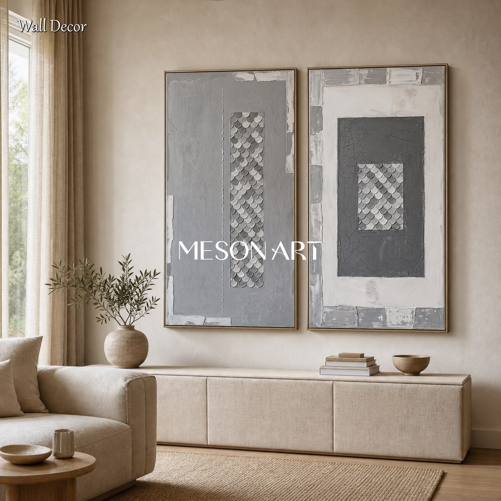 Large Gray White Textured Wall Art Diptych Abstract Geometric Painting For Living Room