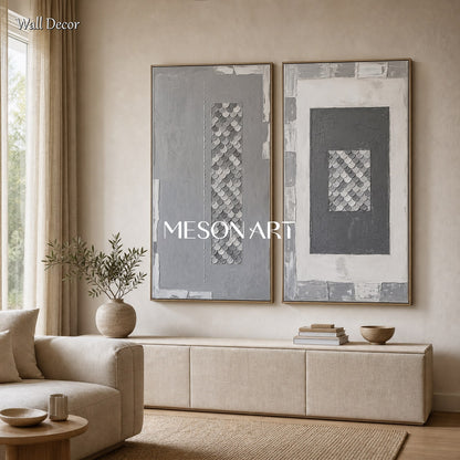 Large Gray White Textured Wall Art Diptych Abstract Geometric Painting For Living Room
