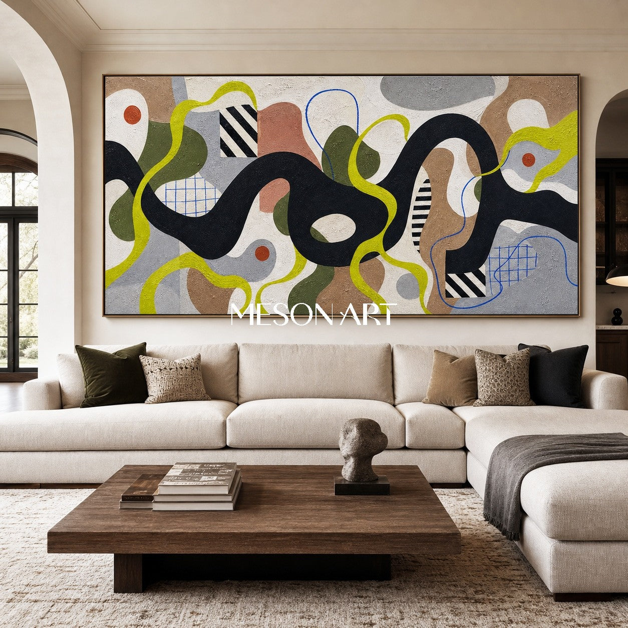 Mid Century Modern Abstract Painting With Organic Shapes And Geometric Lines For Living Room Decor