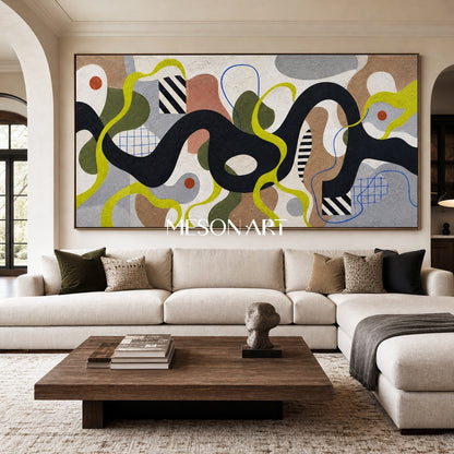 Mid Century Modern Abstract Painting With Organic Shapes And Geometric Lines For Living Room Decor