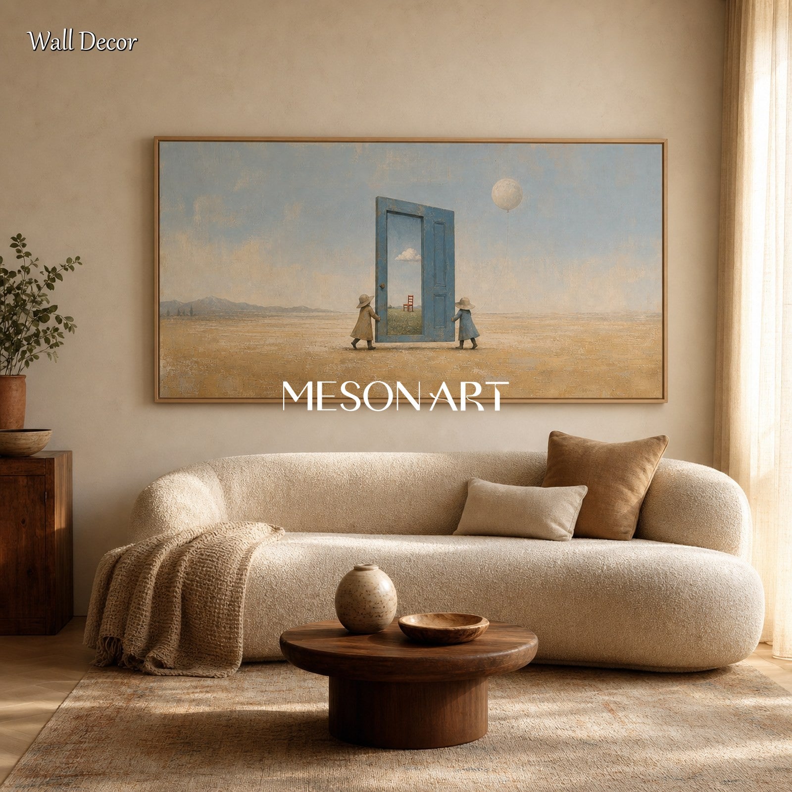 Surrealist Art Painting With Door And Figures For Living Room Decor