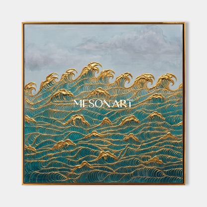 Gilded Wave Painting In Teal And Gold For Art Deco Living Room Decor With Textured Relief