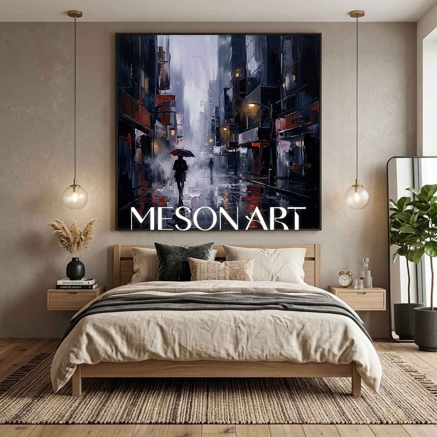 Abstract City Street Painting With Plaster Texture For Modern Living Room Decor