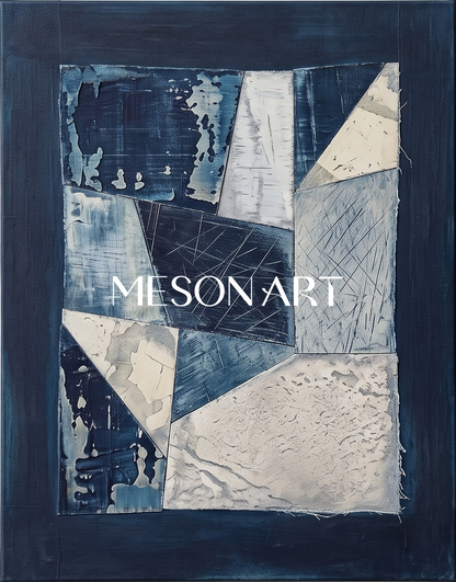 Blue And White Abstract Art With Textured Relief For Modern Living Room Decor