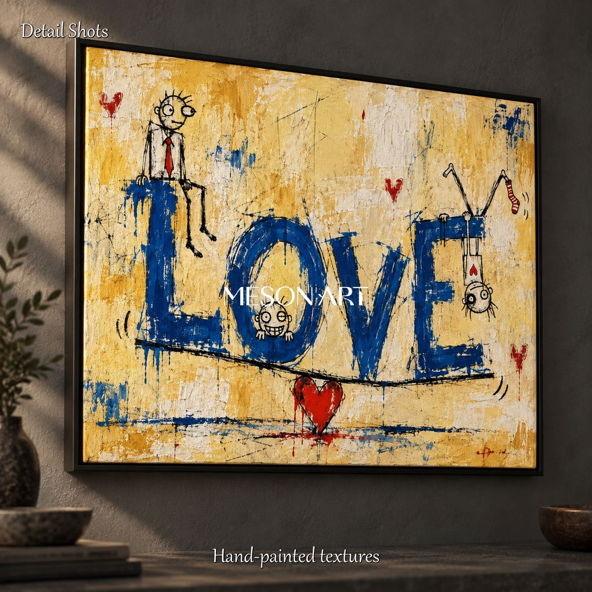 Yellow And Blue Abstract Graffiti Painting Original Artist Rectangular Wall Art For Living Room By Mesonart