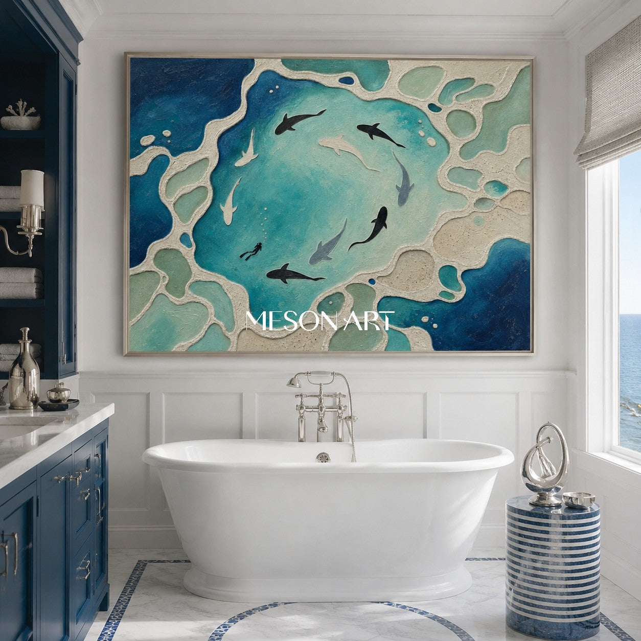 Abstract Ocean Shark Painting With Textured Reef For Modern Living Room Decor