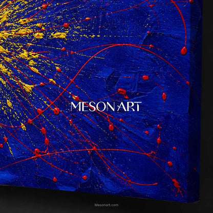 Blue And Yellow Pollock Abstract Painting With Red Splatter For Modern Living Room Decor