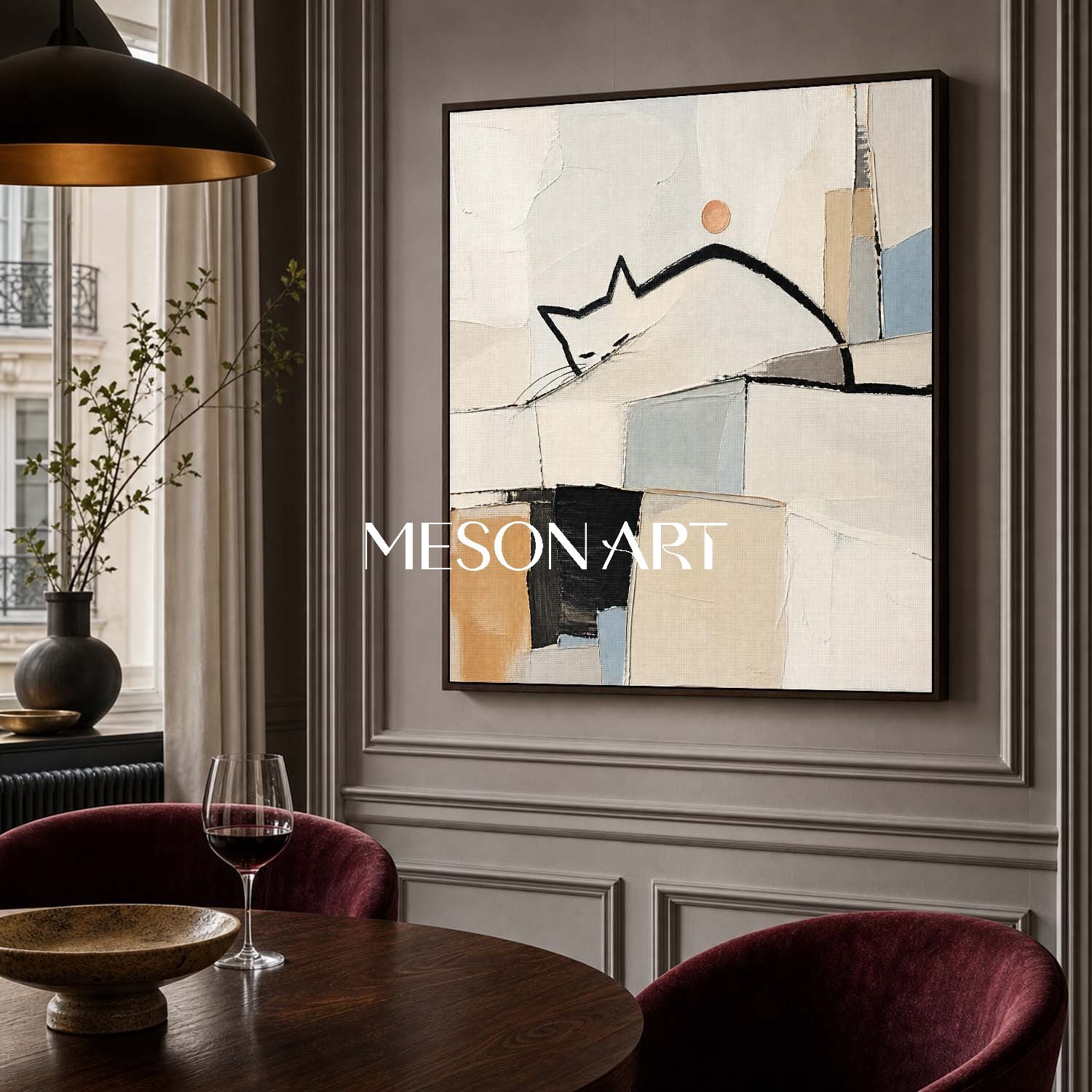 Minimalist Cat Abstract Painting On Linen Canvas With Soft Brushwork For Living Room