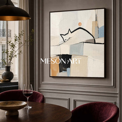 Minimalist Cat Abstract Painting On Linen Canvas With Soft Brushwork For Living Room