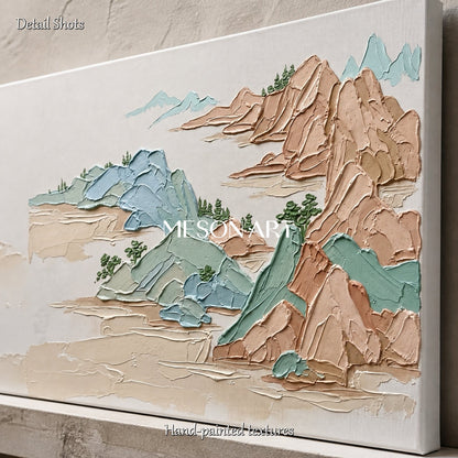 Beige And Blue Impasto Mountain Painting Rectangular Wall Art Contemporary Landscape By Mesonart