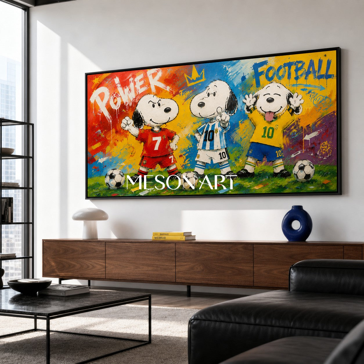 Vibrant Graffiti Football Art With Cartoon Dogs For Modern Living Room