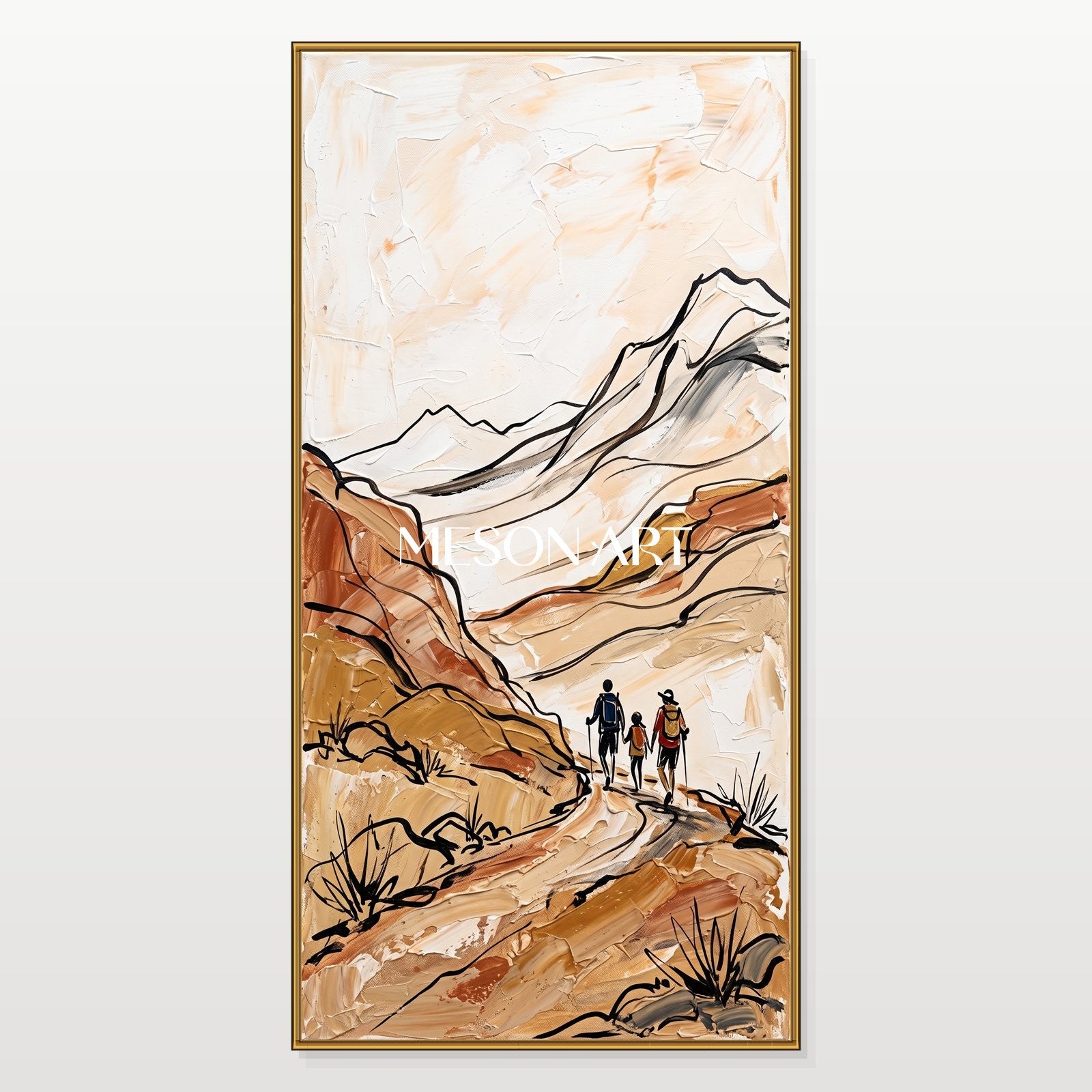 Beige And Brown Contemporary Hiking Landscape Panoramic Wall Art Original Artist Hand Painted Nature Adventure By Mesonart