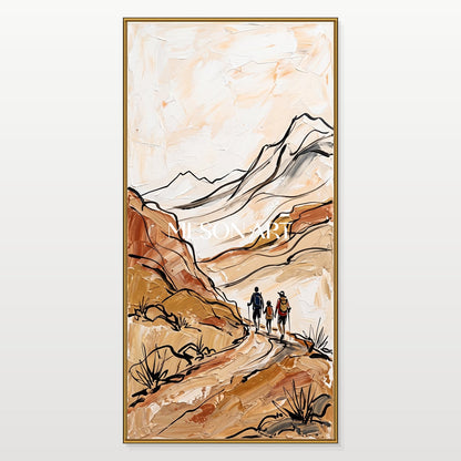 Beige And Brown Contemporary Hiking Landscape Panoramic Wall Art Original Artist Hand Painted Nature Adventure By Mesonart