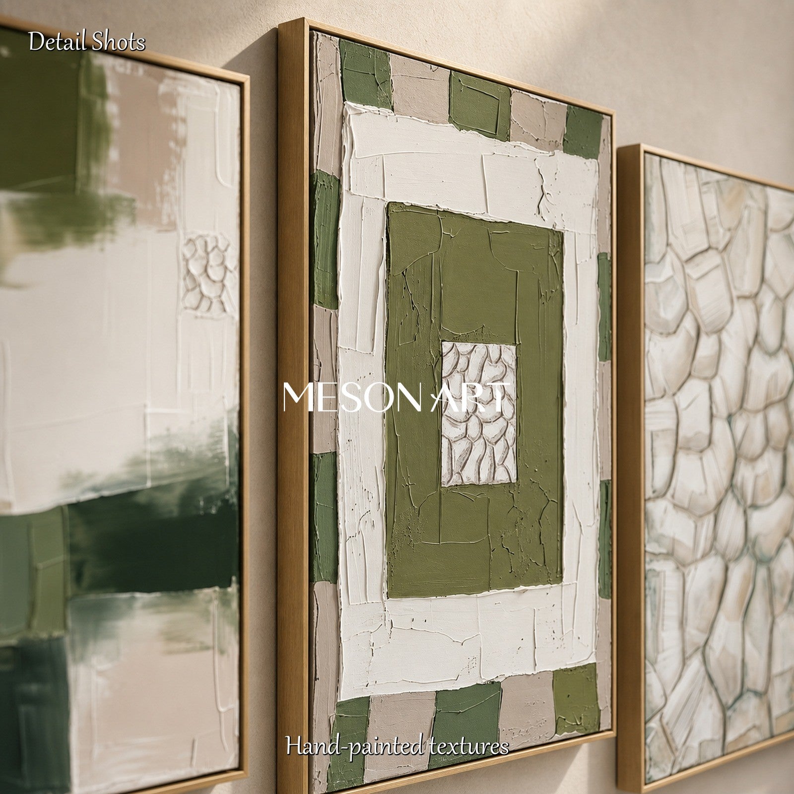 Green And White Abstract Triptych With Textured Relief For Modern Living Room Decor