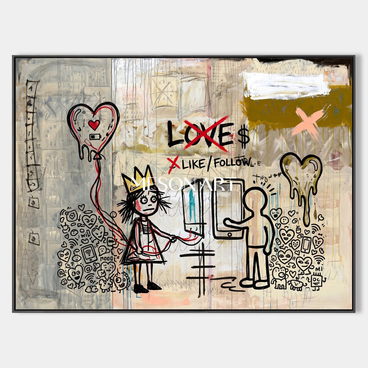 Beige And Black Graffiti Painting Original Artist Satire Art Rectangular Wall Decor For Living Room By Mesonart