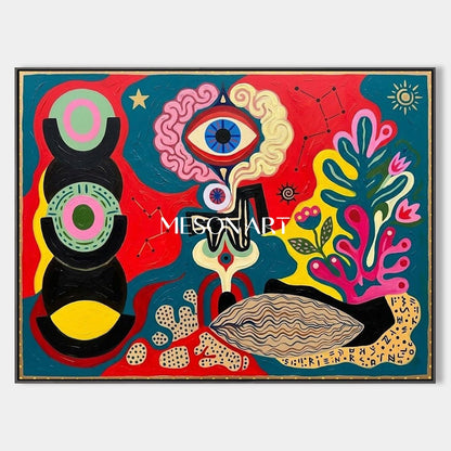 Surrealist Abstract Painting With Cosmic Symbols In Red And Blue For Modern Living Room Decor