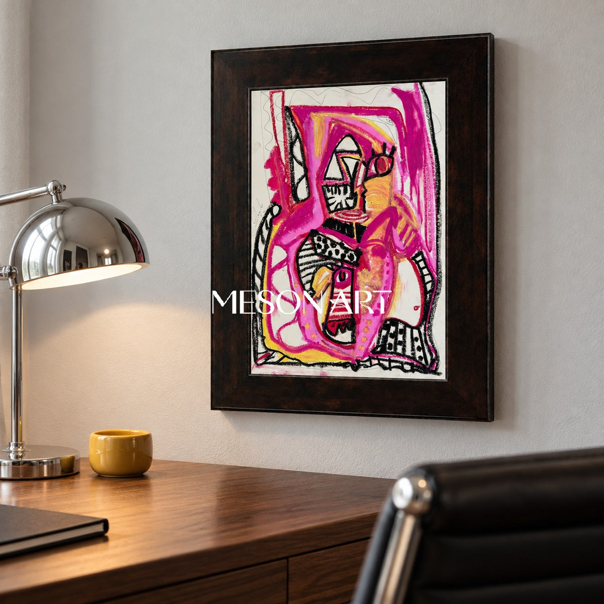 Pink And Black Contemporary Figurative Portrait Rectangular Wall Art Original Artist Painting By Mesonart
