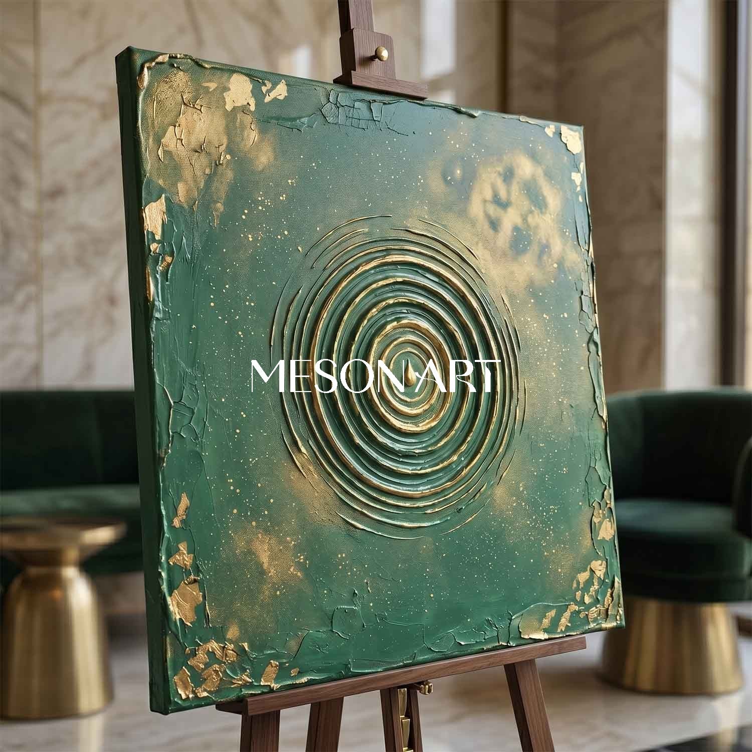 Emerald Green And Gold Abstract Art With Textured Relief For Art Deco Living Room Decor
