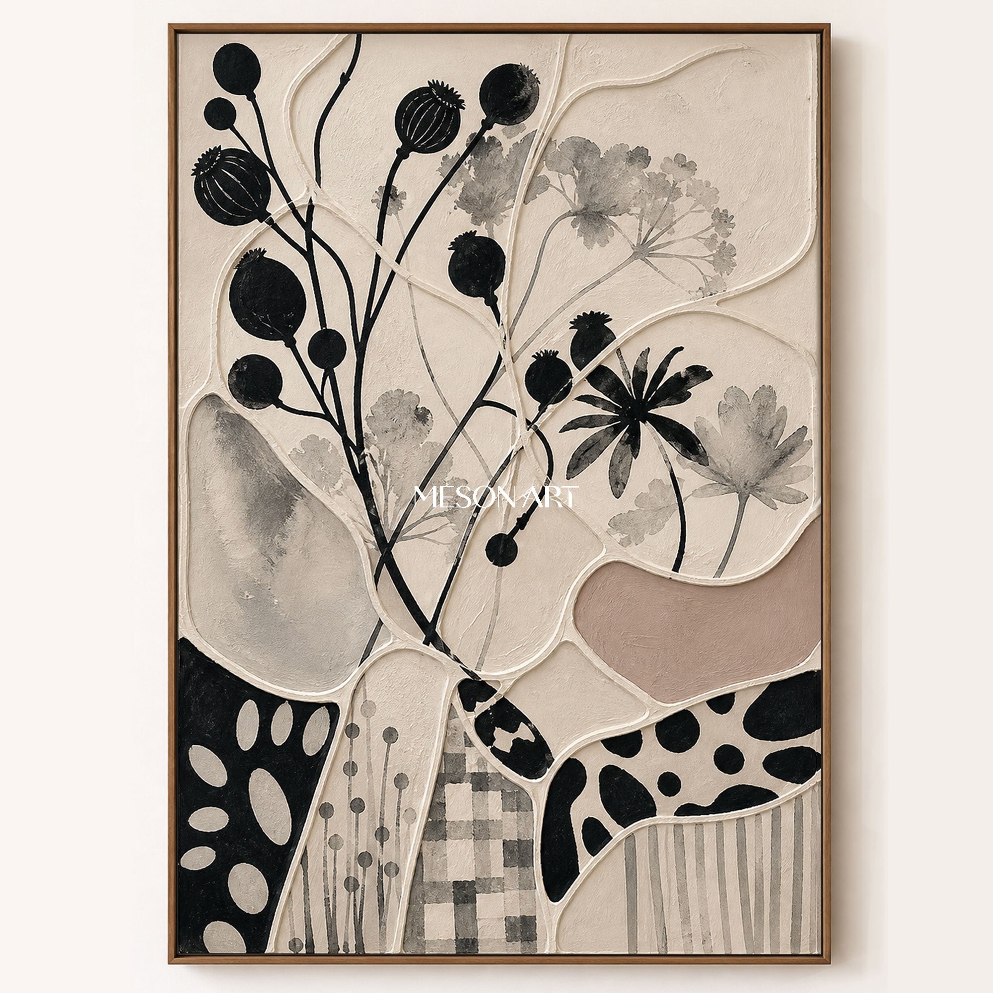 Abstract Botanical Art With Geometric Patchwork Design For Modern Living Spaces