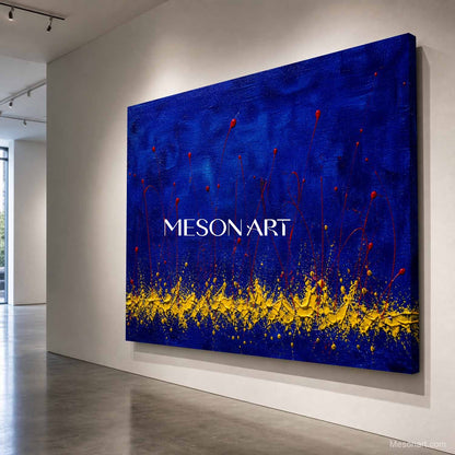 Original Blue And Red Abstract Art With Yellow Texture For Modern Living Room Decor