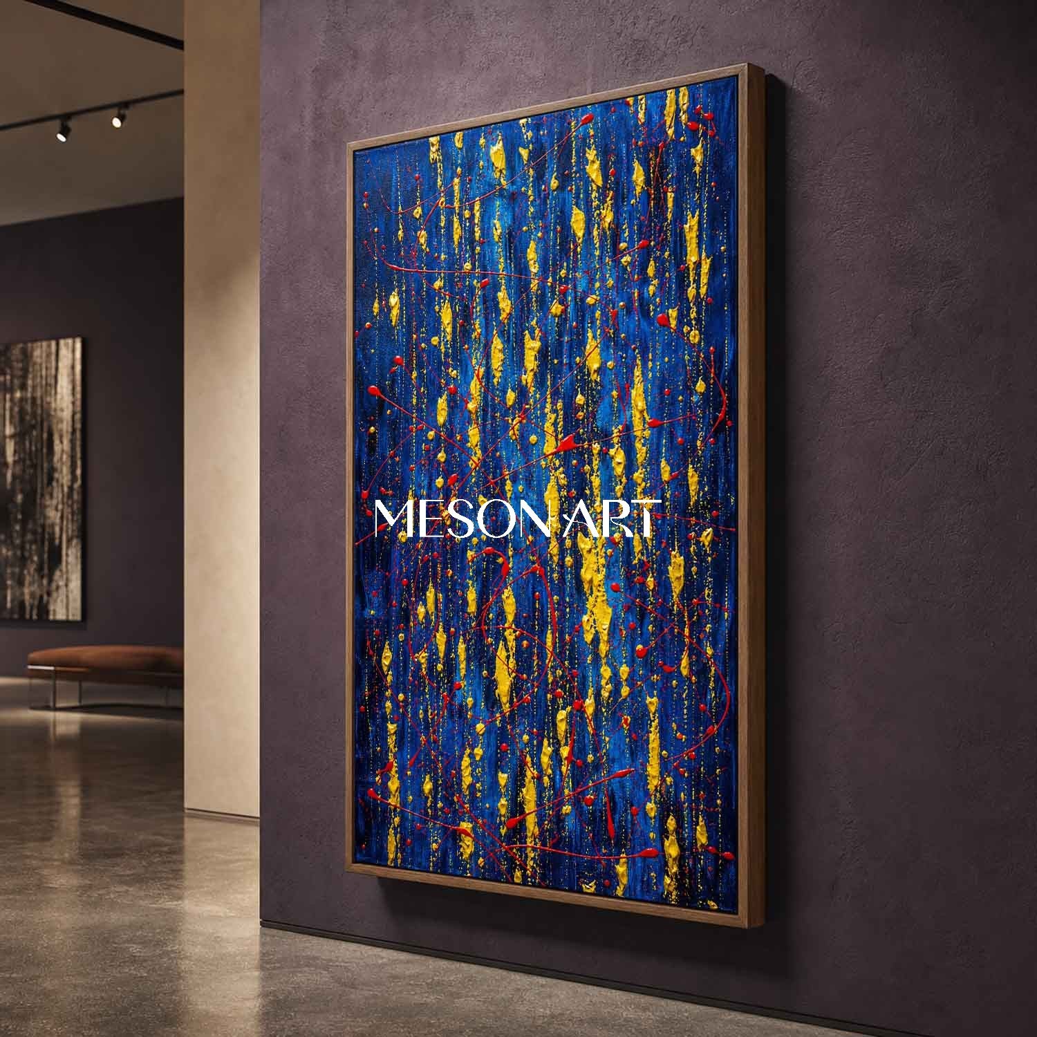 Blue And Gold Abstract Painting For Sale Inspired By Pollock Action Art