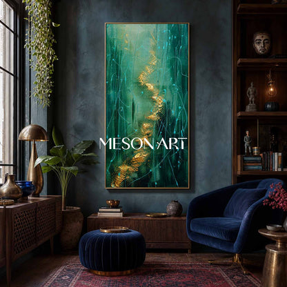 Green And Gold Pollock Abstract Art Painting With Fluid Lines For Modern Living Room Decor
