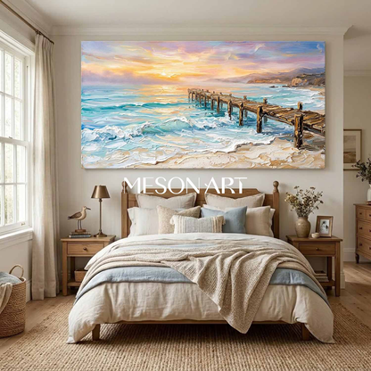 Luxury Coastal Seascape Painting With Impasto Texture For Modern Living Room Decor