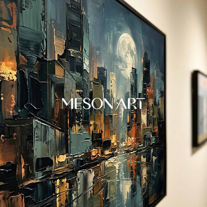 Abstract Cityscape Oil Painting With Textured Plaster Effect For Modern Living Room Decor