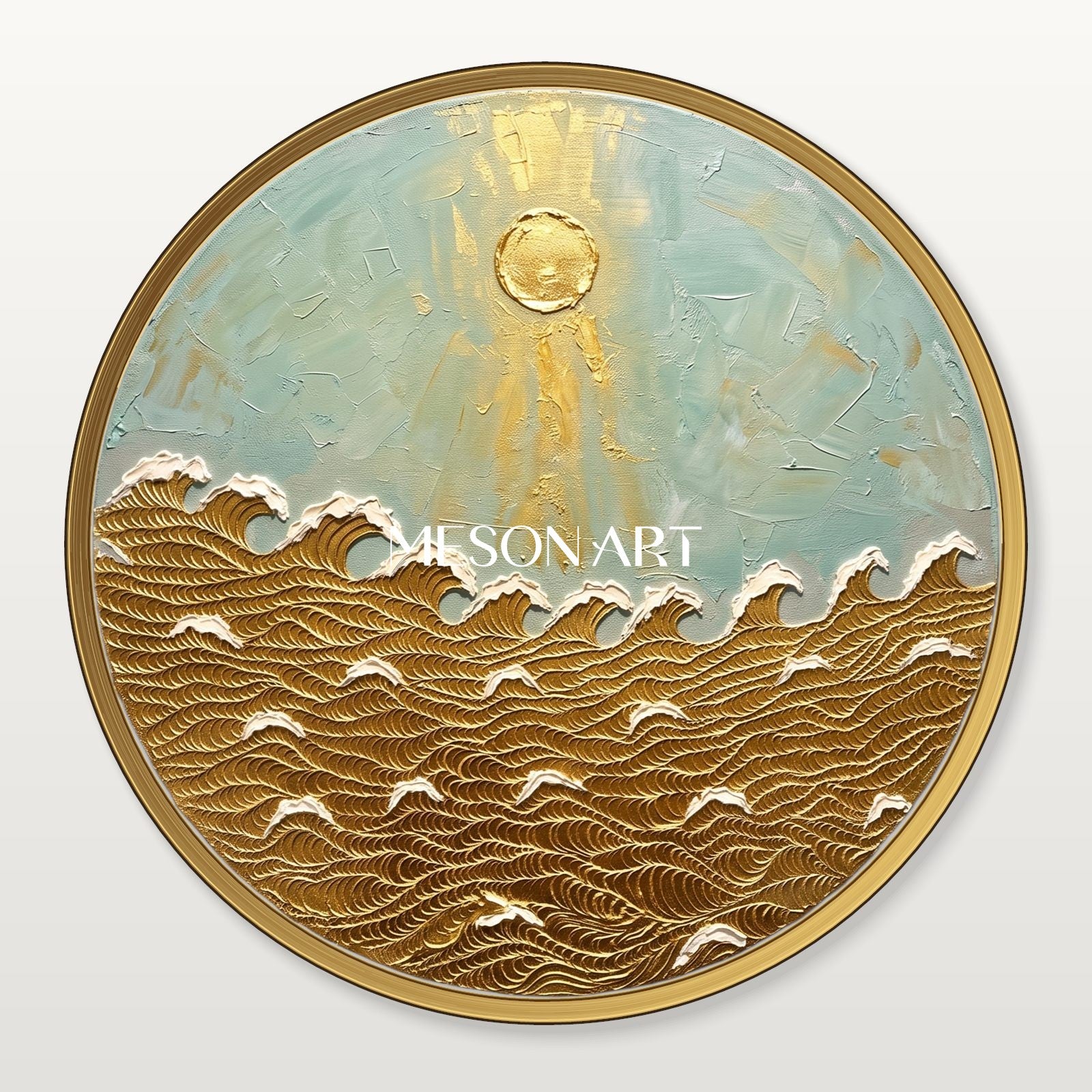 Golden Wave Painting Circular Art Deco Ocean Wall Art For Living Room Entryway