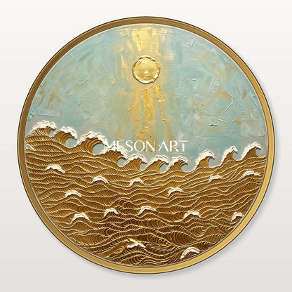 Golden Wave Painting Circular Art Deco Ocean Wall Art For Living Room Entryway