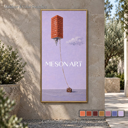 Purple And Brown Surrealist Floating Building Panoramic Wall Art For Living Room By Mesonart