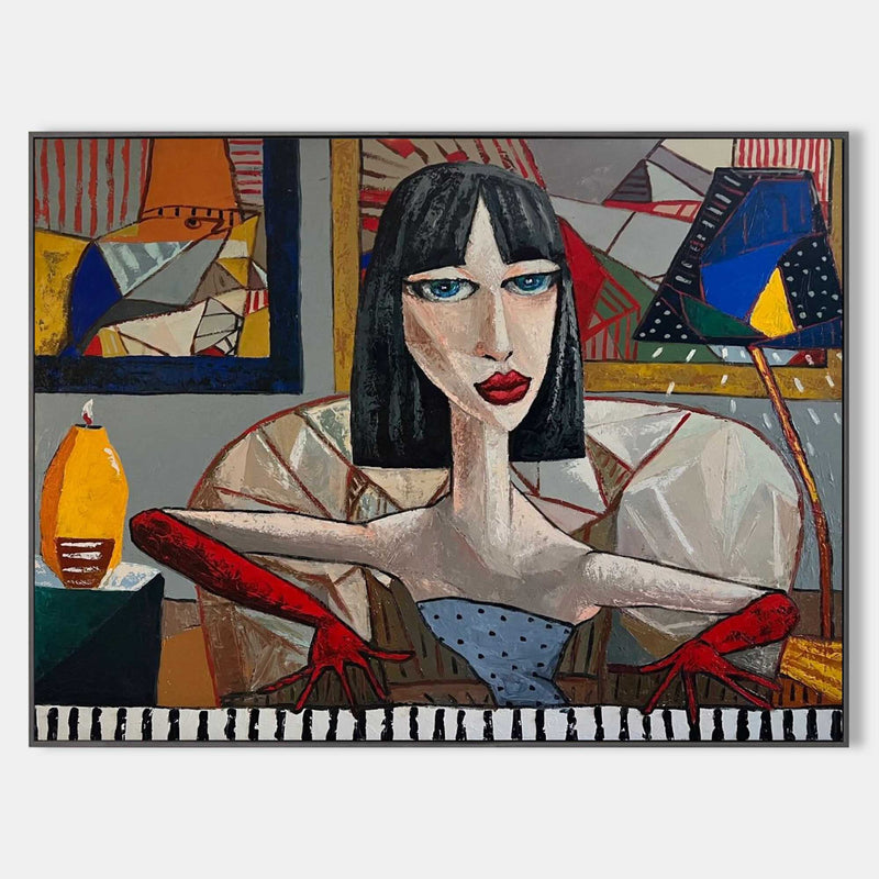 Trendy black short haired girl pop art canvas. Pretty girl pop art wall art. Lady pop art portrait