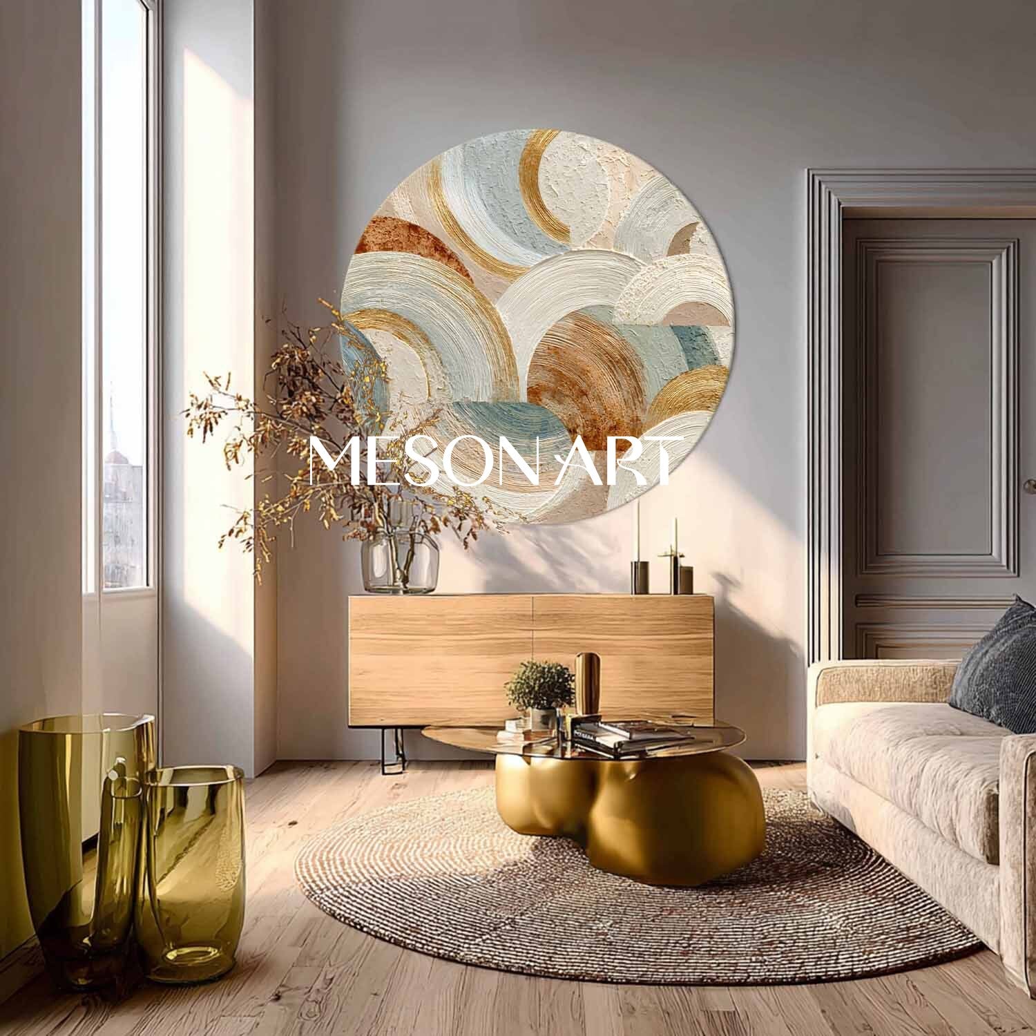 Large Round Abstract Wall Art – Modern Beige and Gold Textured Canvas