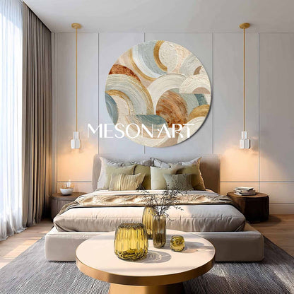 Large Round Abstract Wall Art – Modern Beige and Gold Textured Canvas