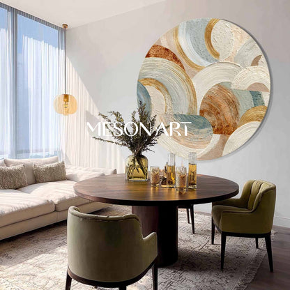 Large Round Abstract Wall Art – Modern Beige and Gold Textured Canvas