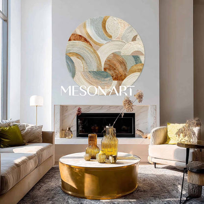 Large Round Abstract Wall Art – Modern Beige and Gold Textured Canvas
