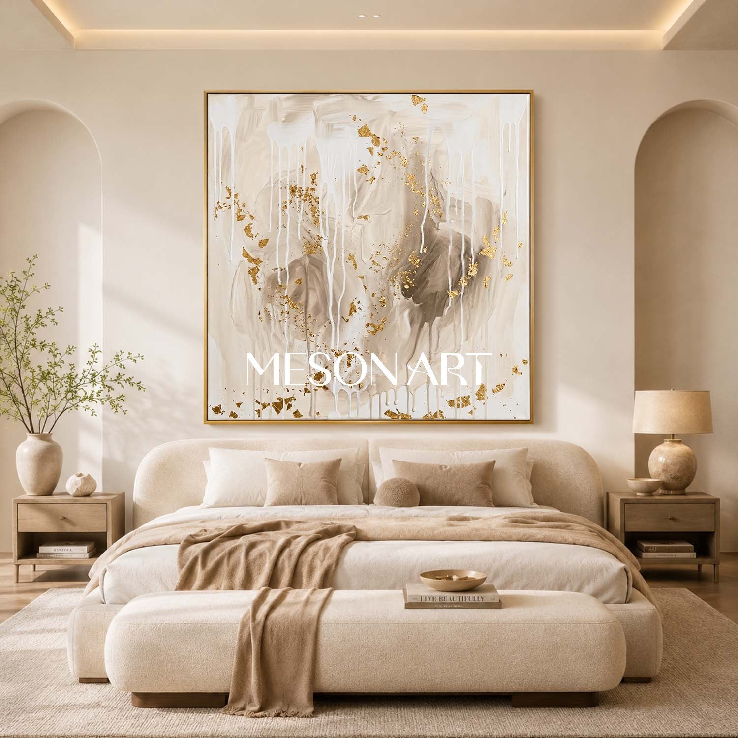 Gilded Abstract Painting With Gold Leaf For Elegant Living Room Decor