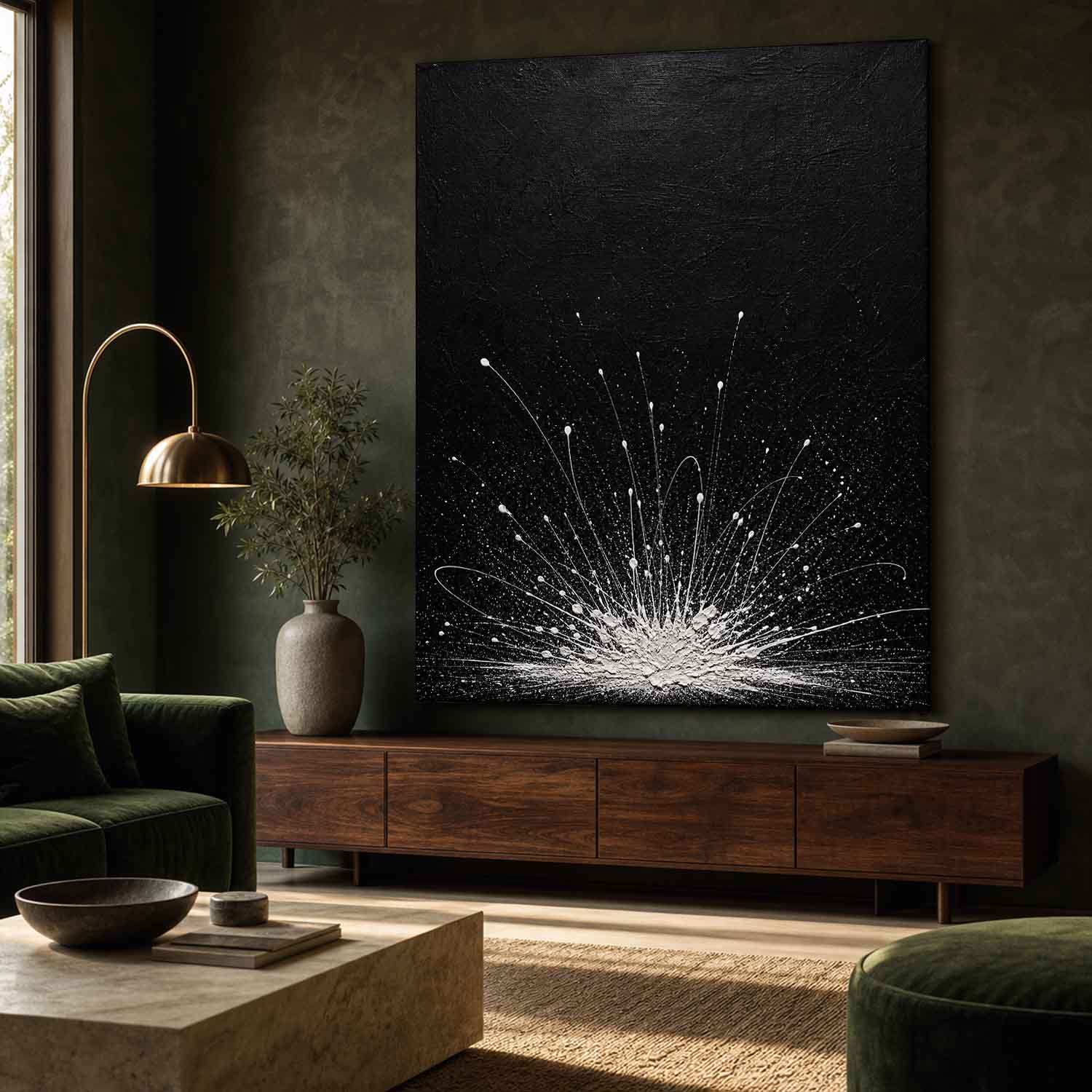 Abstract Black White Explosion Painting Original Oil Art For Modern Living Room Entryway Decor