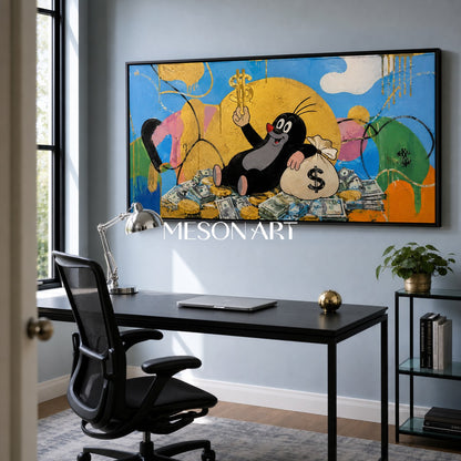 Golden Fortune Fable Pop Art Painting With Cartoon Character For Modern Living Room Decor