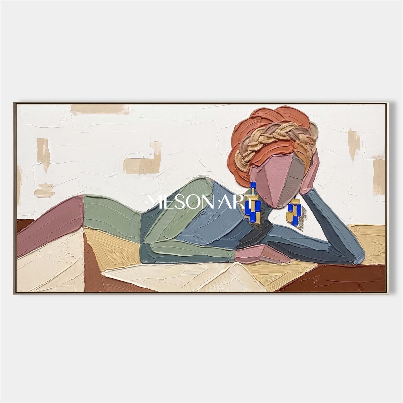 Beige And Blue Abstract Portrait Painting Panoramic Modern Figurative Art Original Artist Hand Painted By Mesonart
