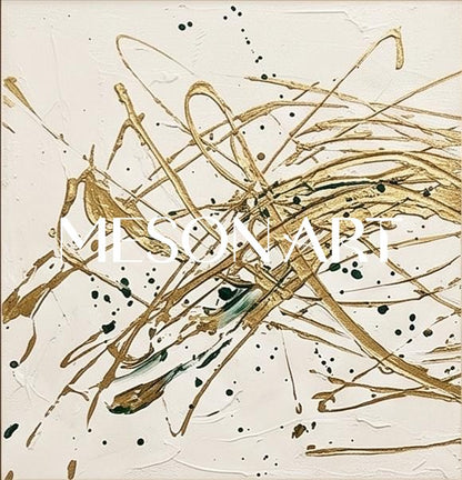 Beige And Gold Pollock Inspired Drip Painting Square Wall Art For Living Room By Mesonart