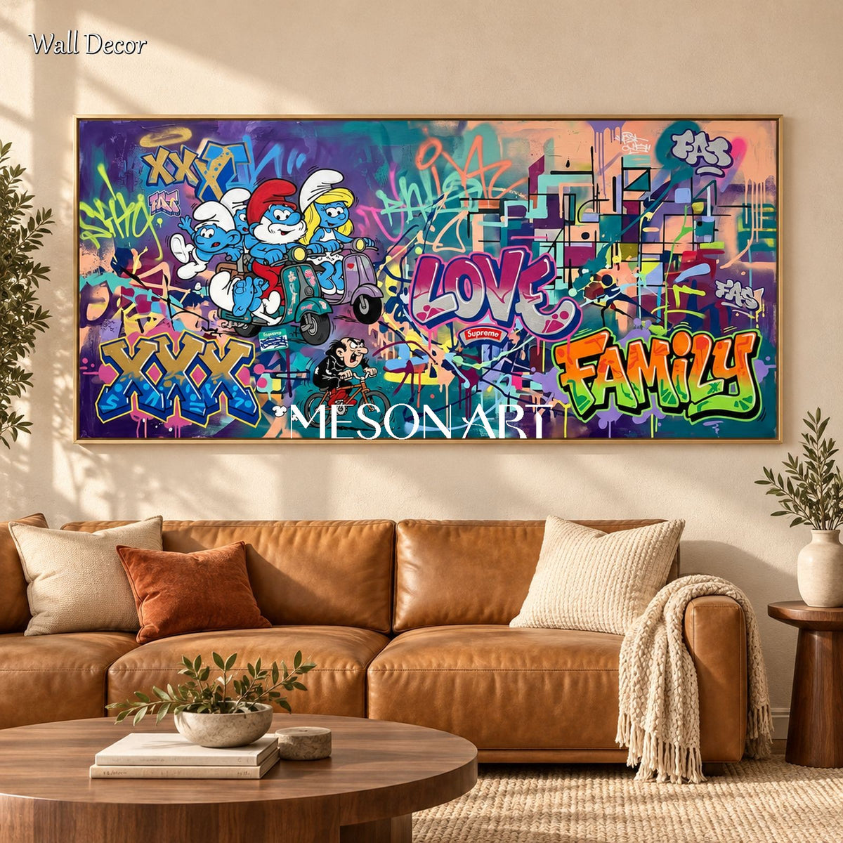 Blue And Purple Abstract Graffiti Art Large Smurf Painting Panoramic Wall Decor For Living Room By Mesonart