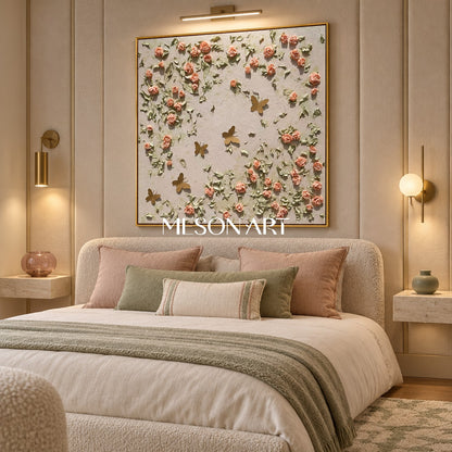 Pink And Green Textured Botanical Painting Original Hand Painted Square Wall Art By Mesonart