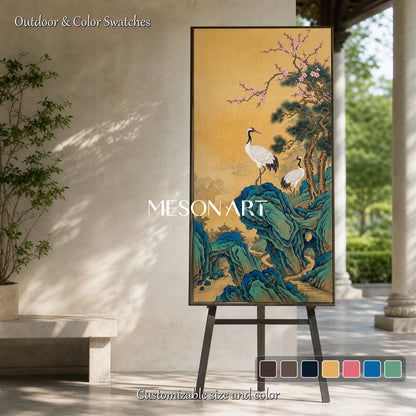 Gold And Blue Gongbi Painting Panoramic Bird And Blossom Art Asian Wall Decor By Mesonart