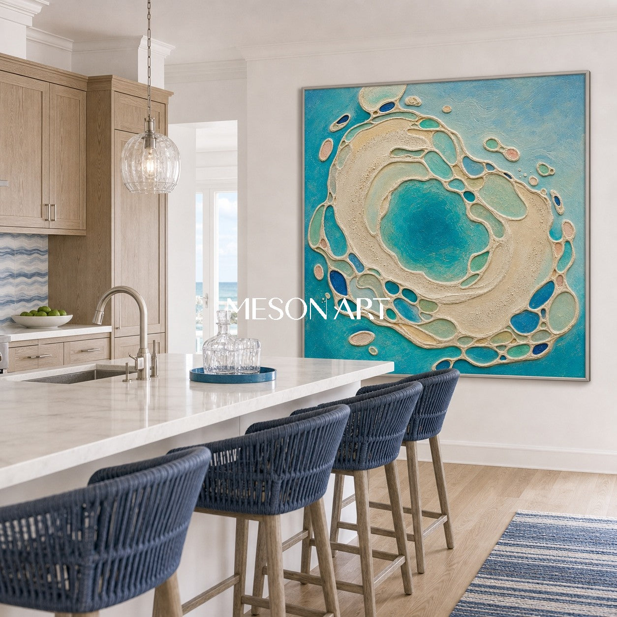 Sculptural Azure Lagoon Art With Plaster Texture For Coastal Living Room Decor