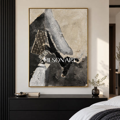 Black And White Abstract Painting Rectangular Wall Art Modern Textured Mixed Media Original By Mesonart