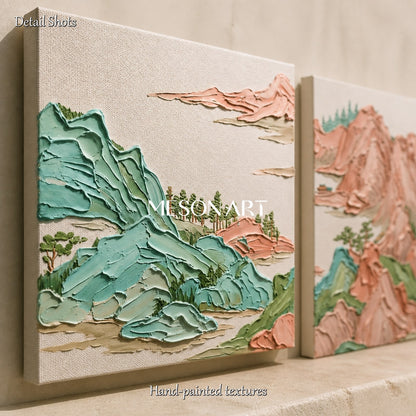 グリーンとベージュのインパスト技法を用いた山岳風景画　モダンな正方形のウォールアート　メゾナートによるオリジナルアーティストの風景画