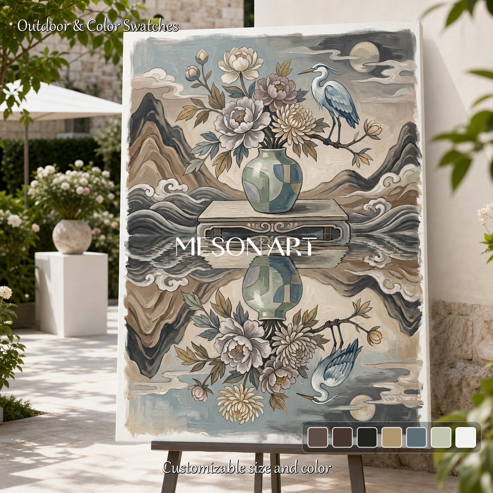 Elegant Chinoiserie Floral And Bird Art Print With Heron For Living Room Decor