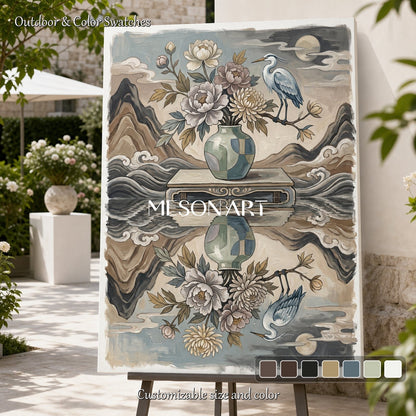 Elegant Chinoiserie Floral And Bird Art Print With Heron For Living Room Decor